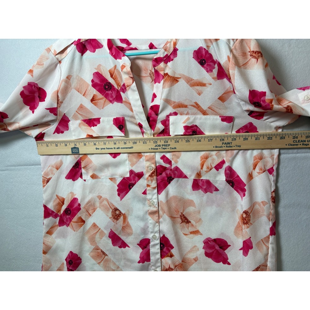 Calvin Klein Women Pink Floral Geometric Roll Tab Sleeve Button Up Blouse L - Picture 6 of 8